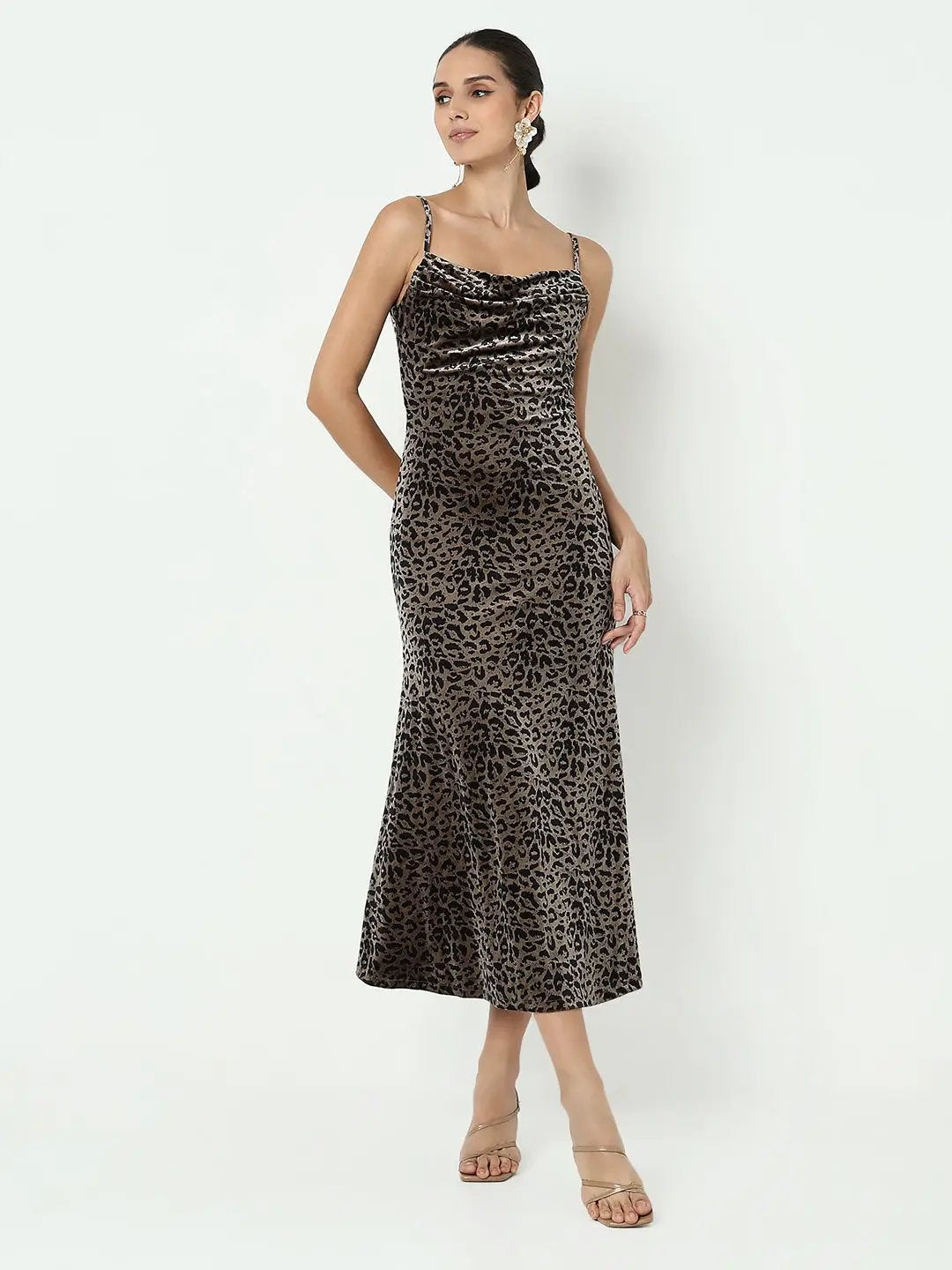 Shop Women's Animal Print Brown Velvet Bodycon Maxi Dress with Back Slit| Showoffff Shop Women's Animal Print Brown Velvet Bodycon Maxi Dress with Back Slit| Showoffff