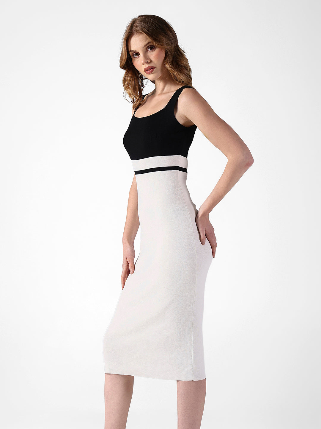 Women's White Bodycon Dress Contrast Black Panel
