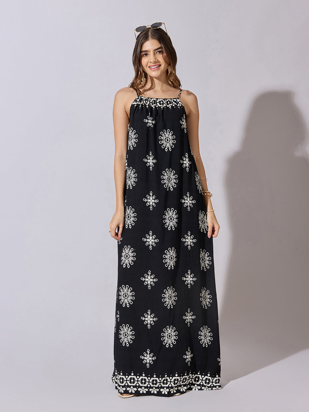 Women's Printed Black Halter Neck Maxi Dress