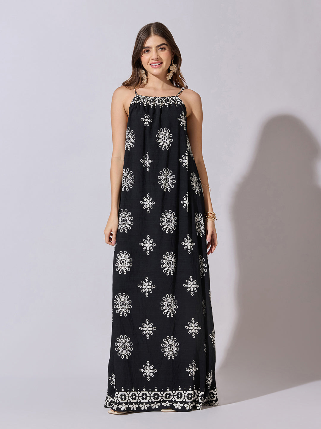 Women's Printed Black Halter Neck Maxi Dress
