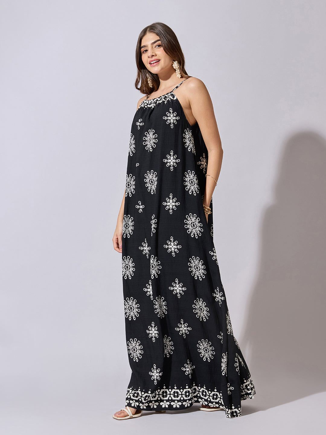 Women's Printed Black Halter Neck Maxi Dress