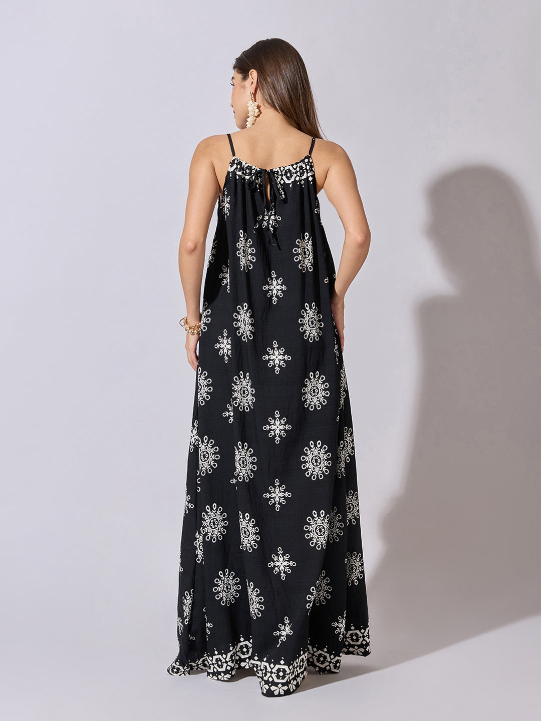 Women's Printed Black Halter Neck Maxi Dress