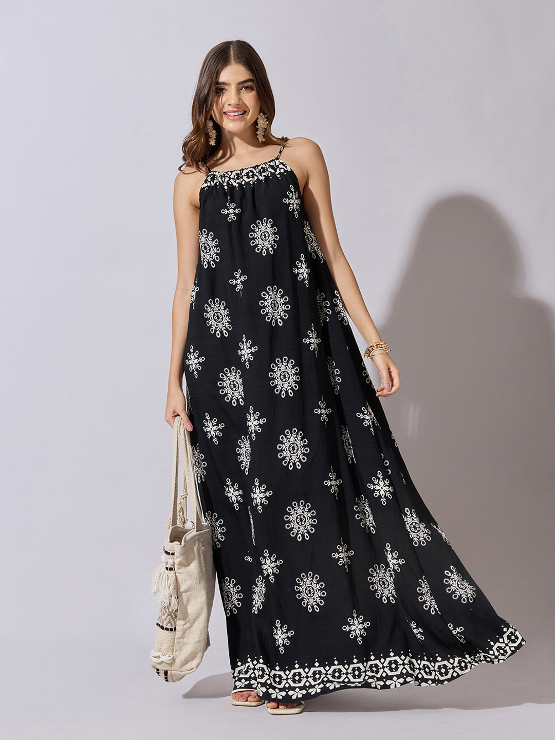 Women's Printed Black Halter Neck Maxi Dress