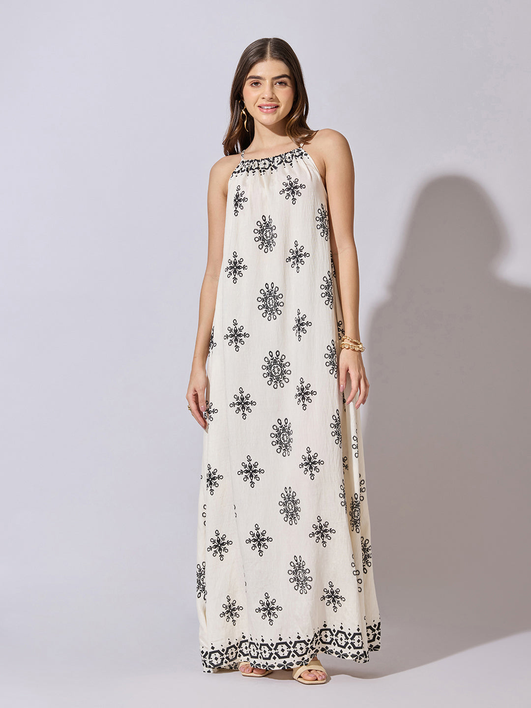 Women's Printed Cream Halter Neck Maxi Dress