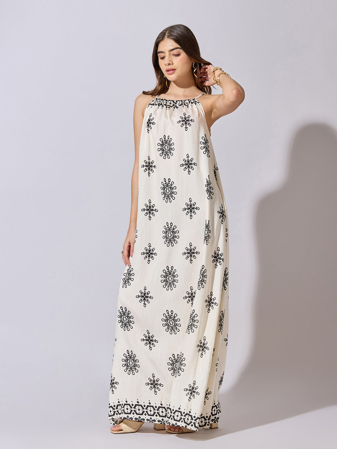 Women's Printed Cream Halter Neck Maxi Dress