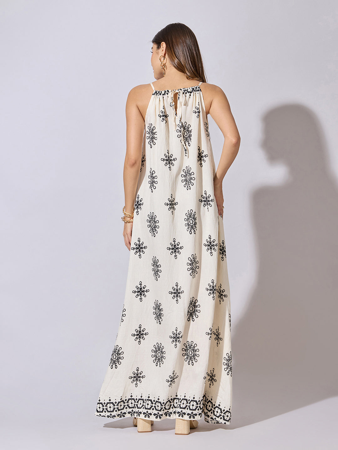 Women's Printed Cream Halter Neck Maxi Dress