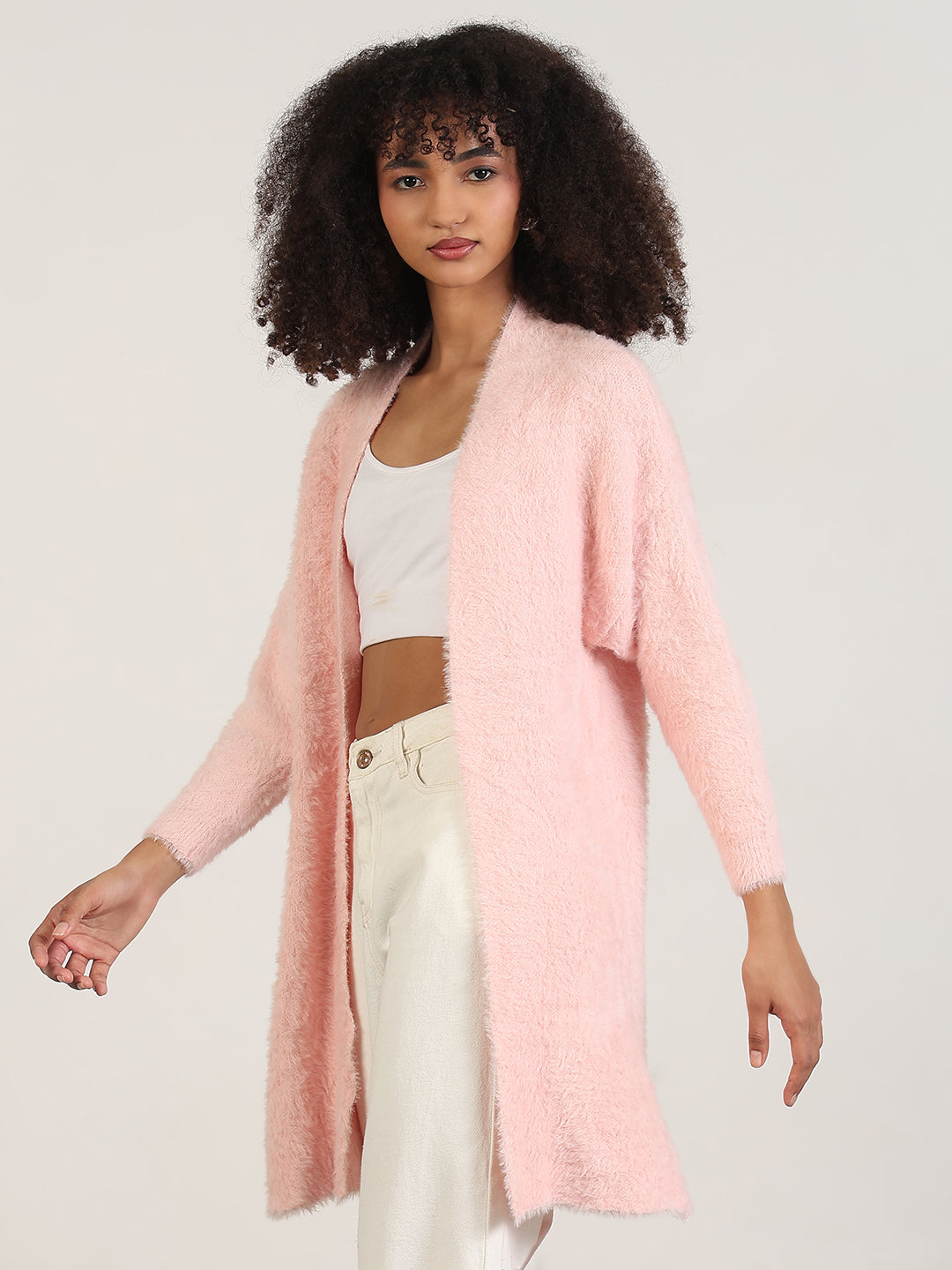 Women's Pink Solid Longline Shrug