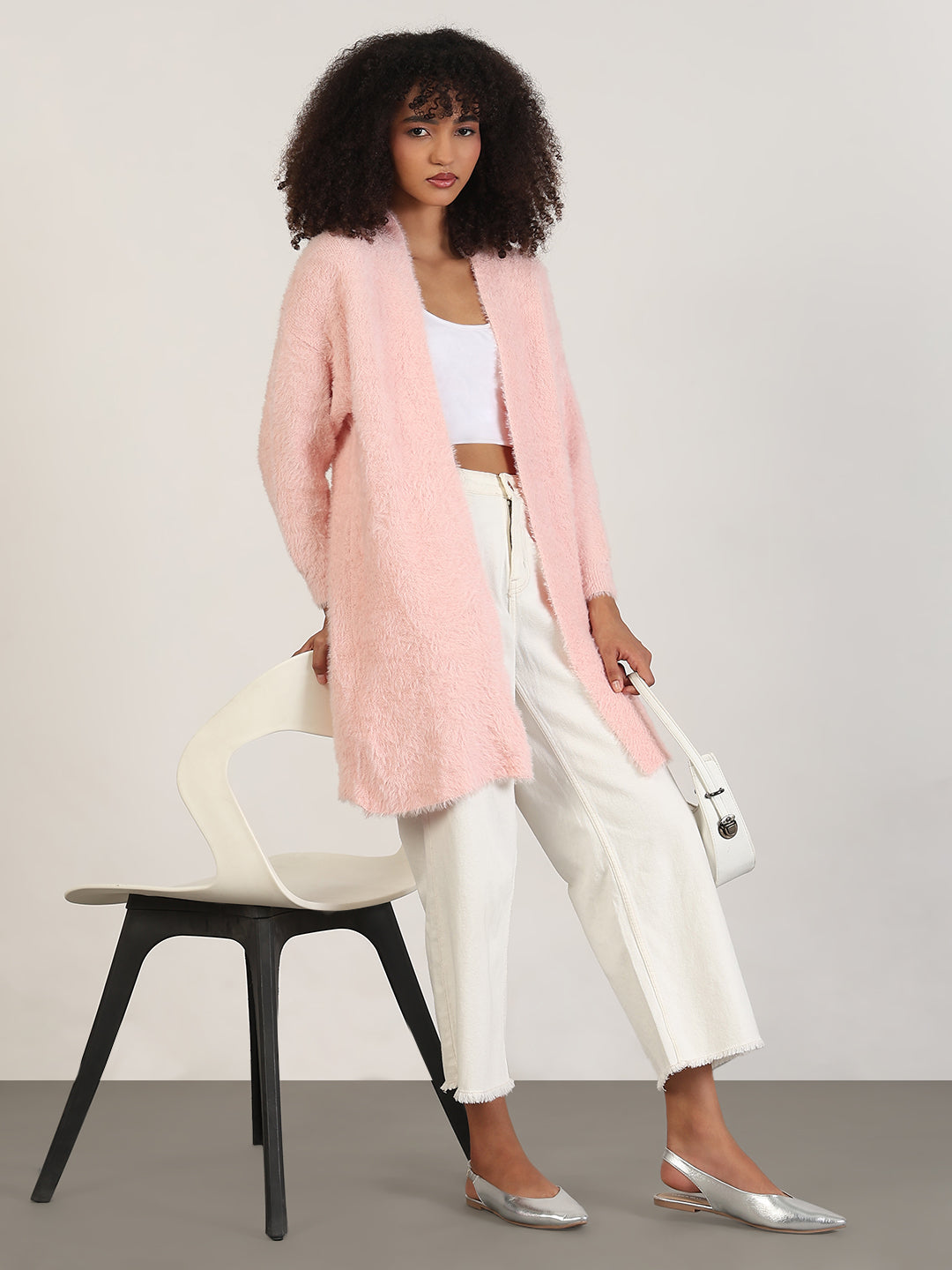 Women's Pink Solid Longline Shrug