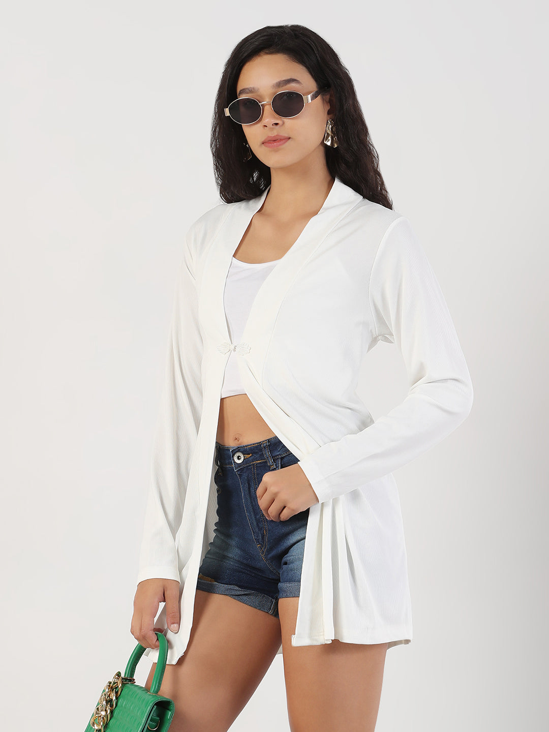 Women White Solid Longline Shrug