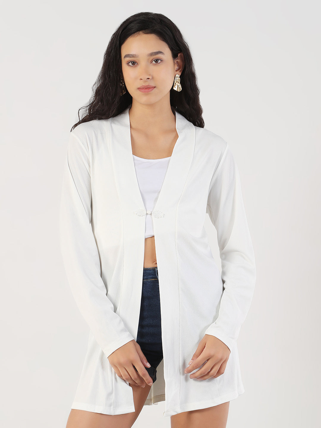 Women White Solid Longline Shrug