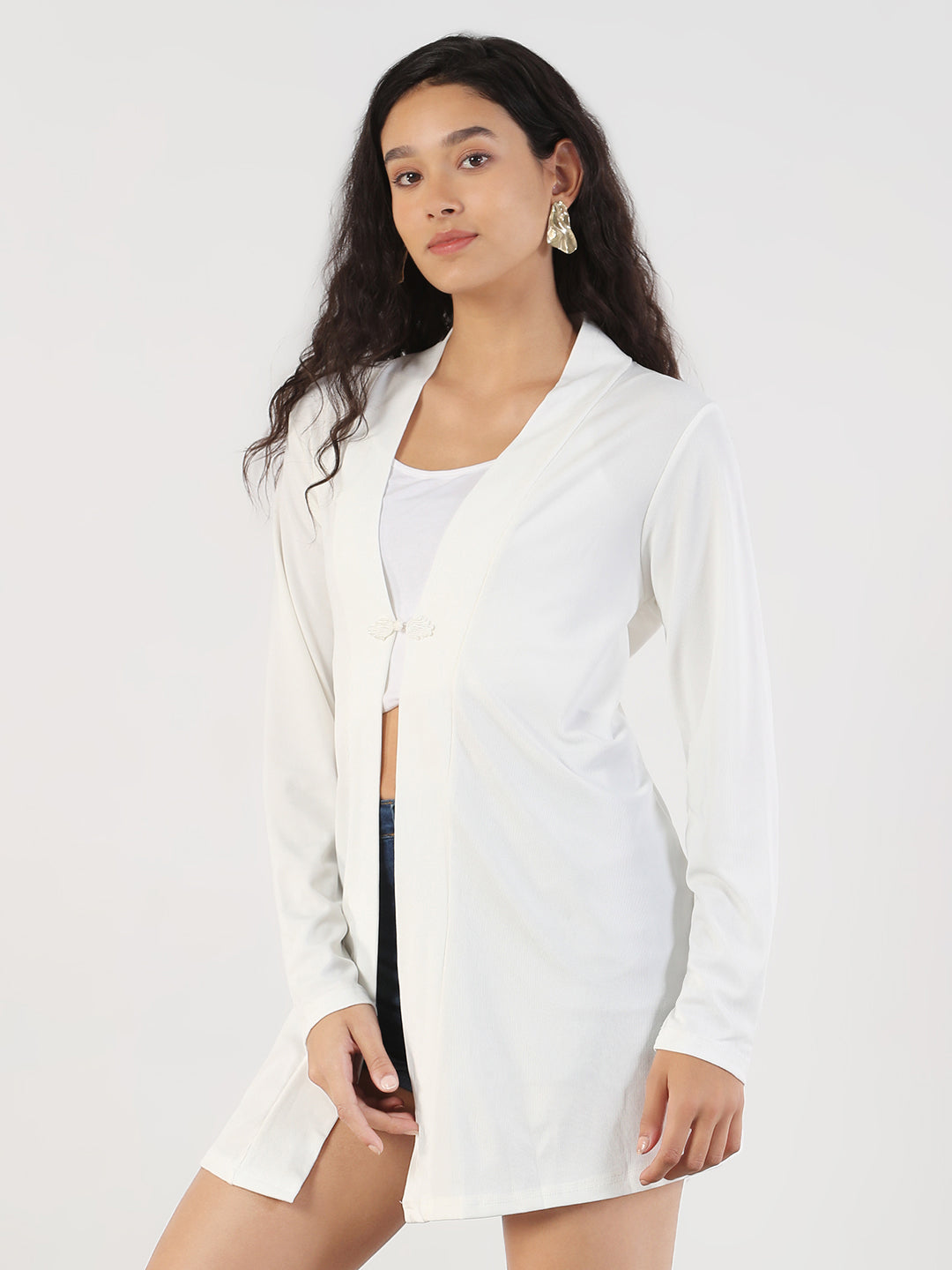 Women White Solid Longline Shrug