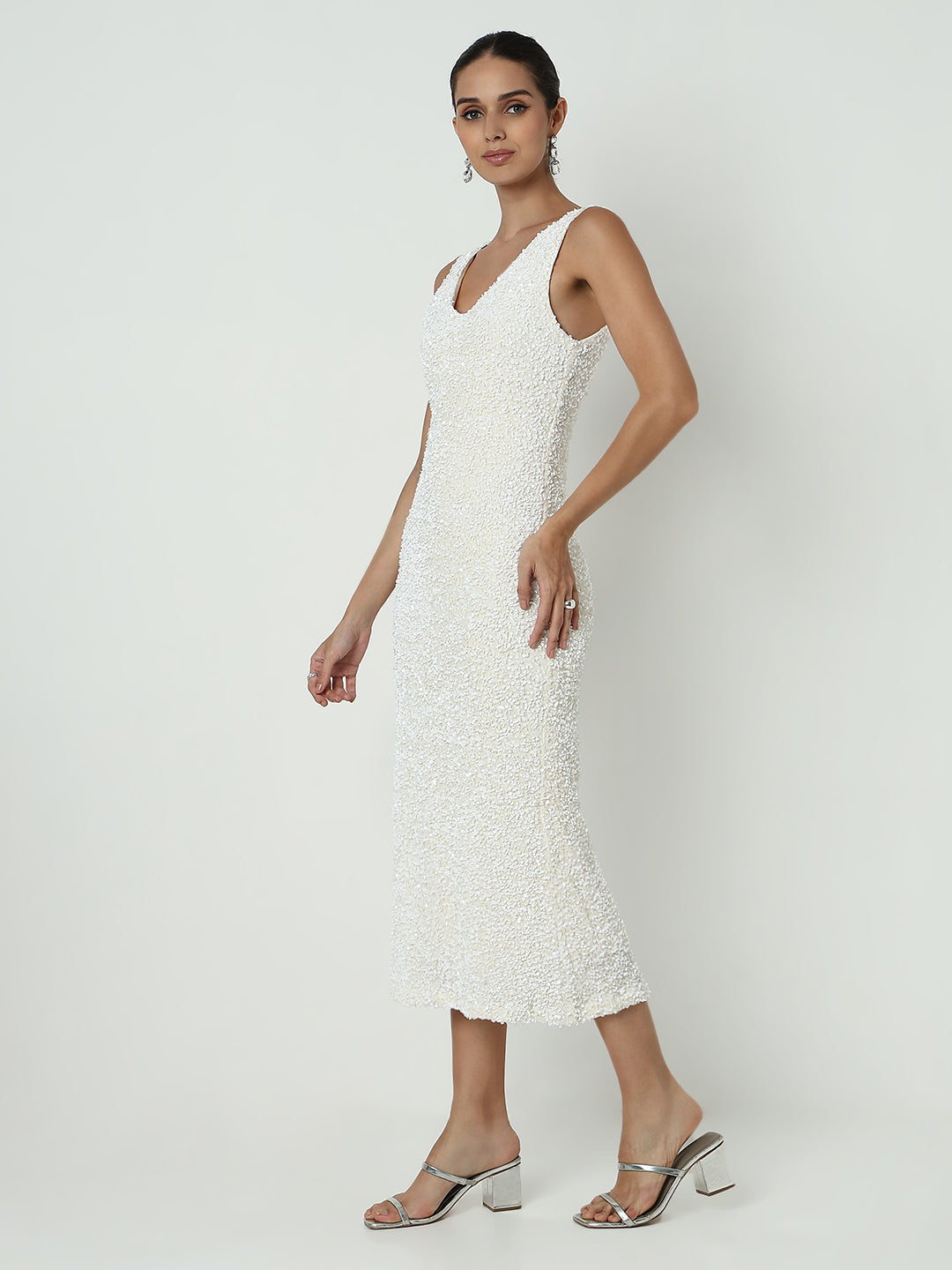 Women's Sequin White V-Neck Bodycon Midi Dress