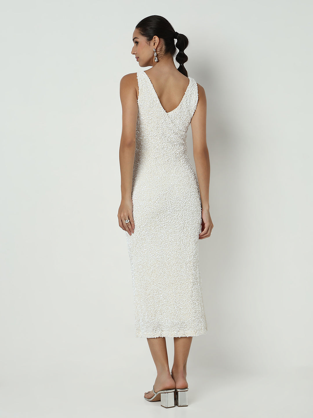 Women's Sequin White V-Neck Bodycon Midi Dress
