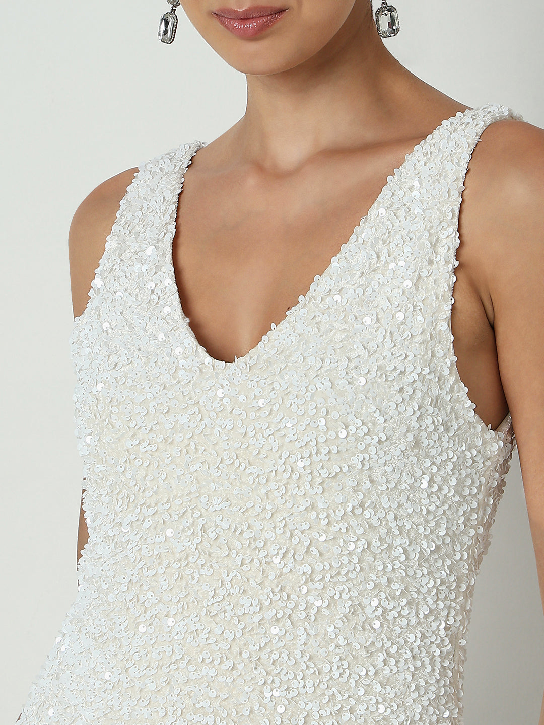 Women's Sequin White V-Neck Bodycon Midi Dress