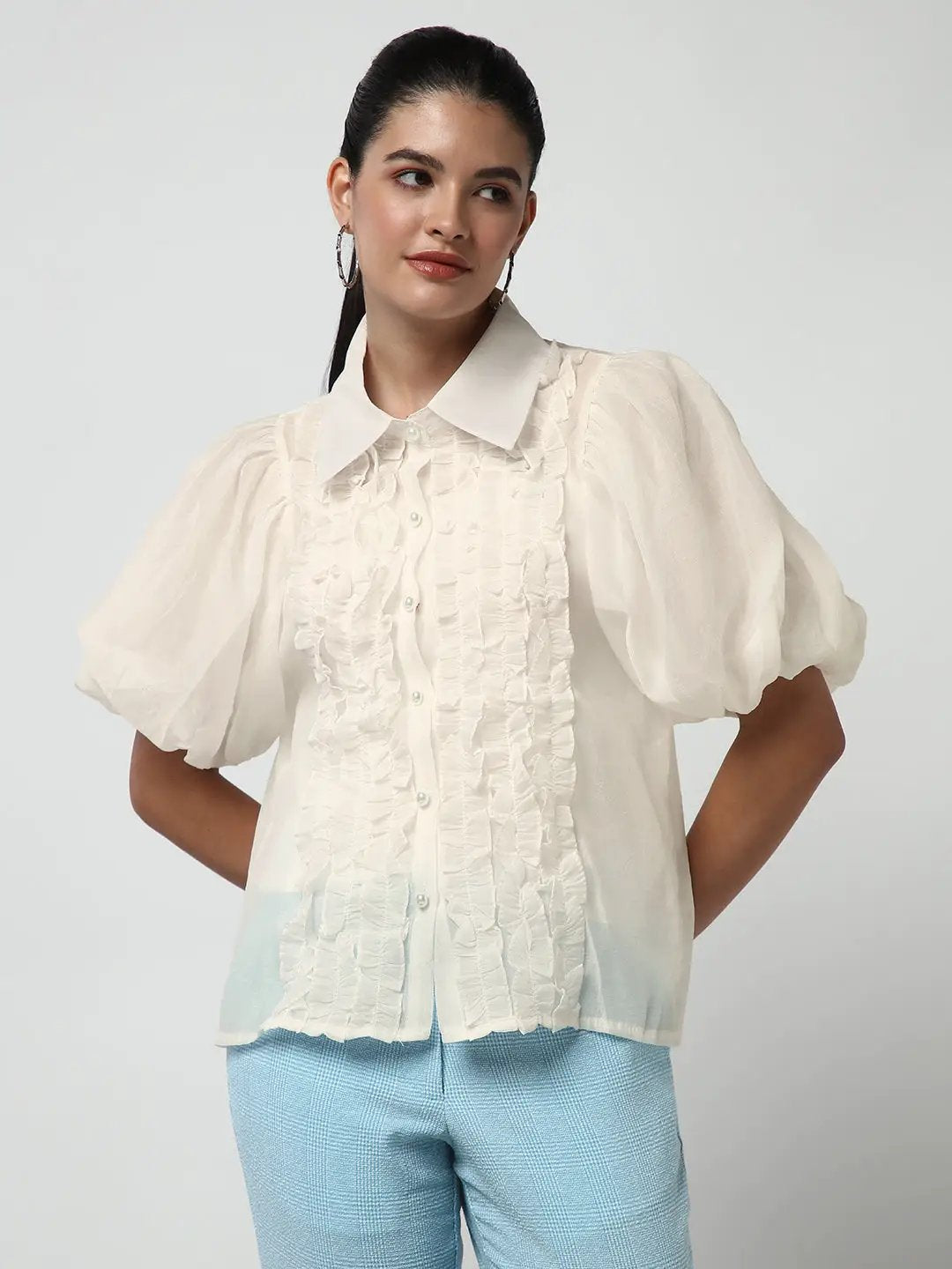 Women's Ruffle Cream Puff Sleeve Shirt