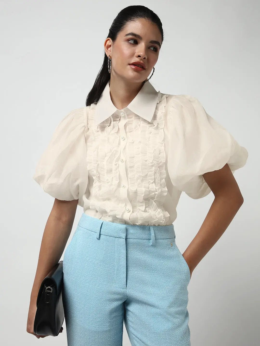 Women's Ruffle Cream Puff Sleeve Shirt