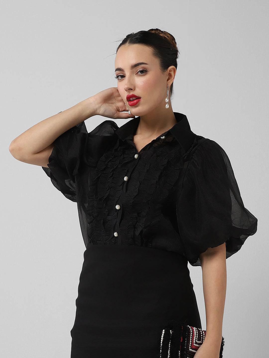 Women Solid Black Shirt with Inner Slip