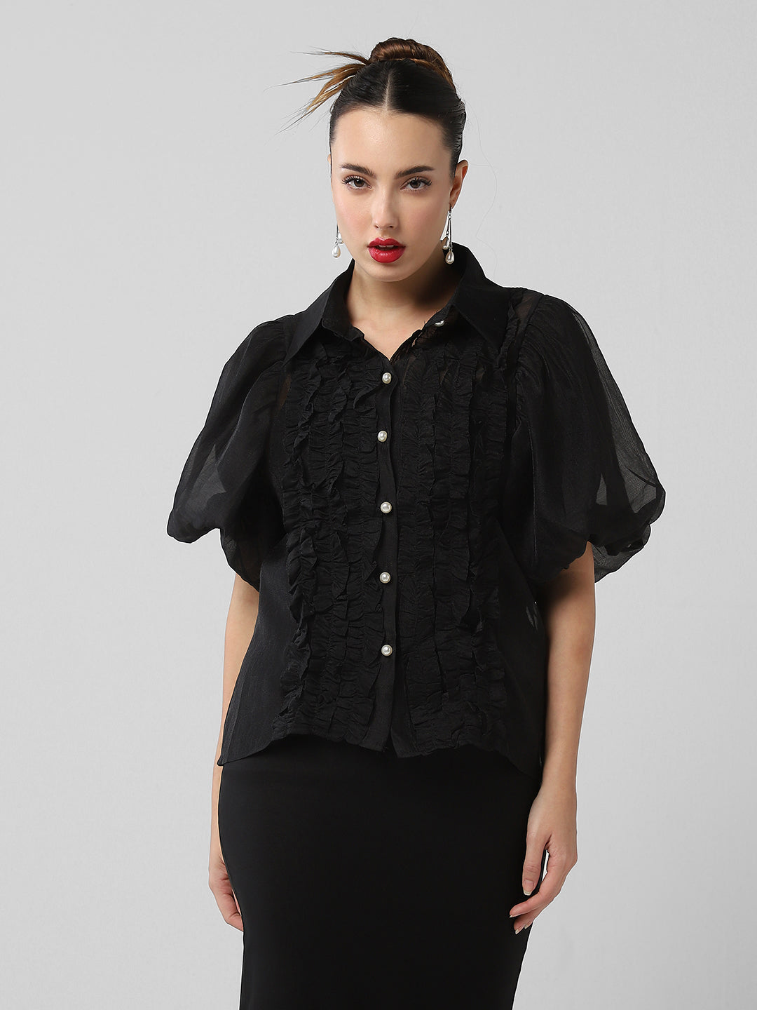 Women Solid Black Shirt with Inner Slip