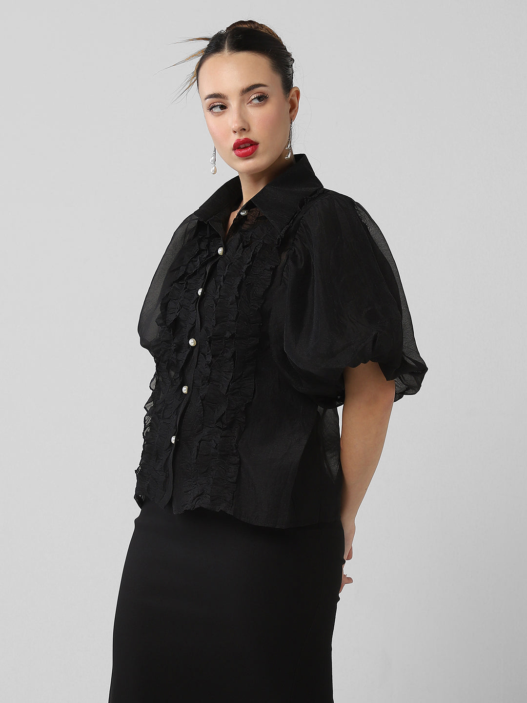 Women Solid Black Shirt with Inner Slip