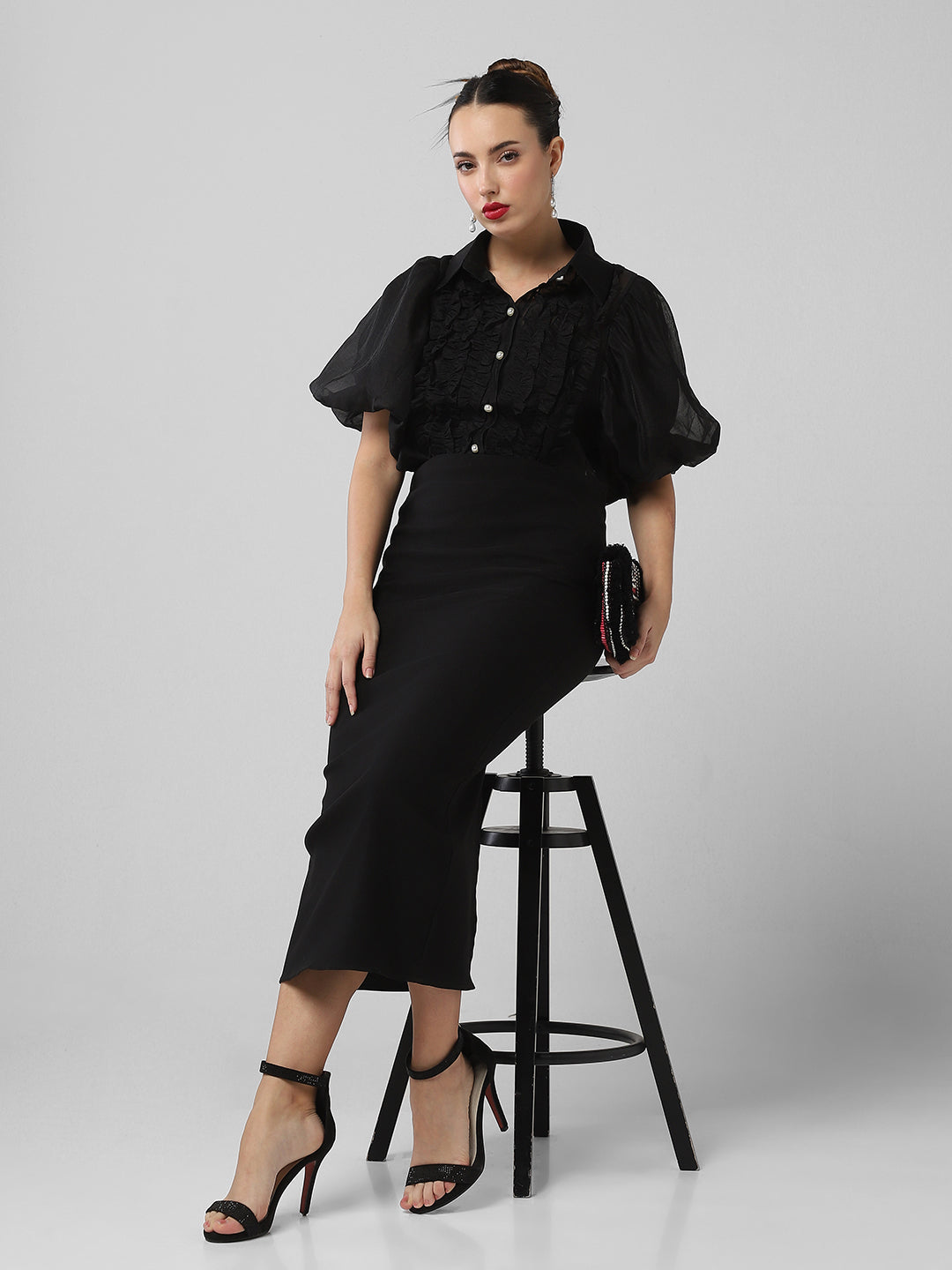 Women Solid Black Shirt with Inner Slip