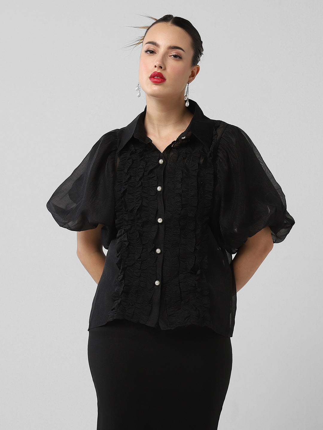 Women Solid Black Shirt with Inner Slip