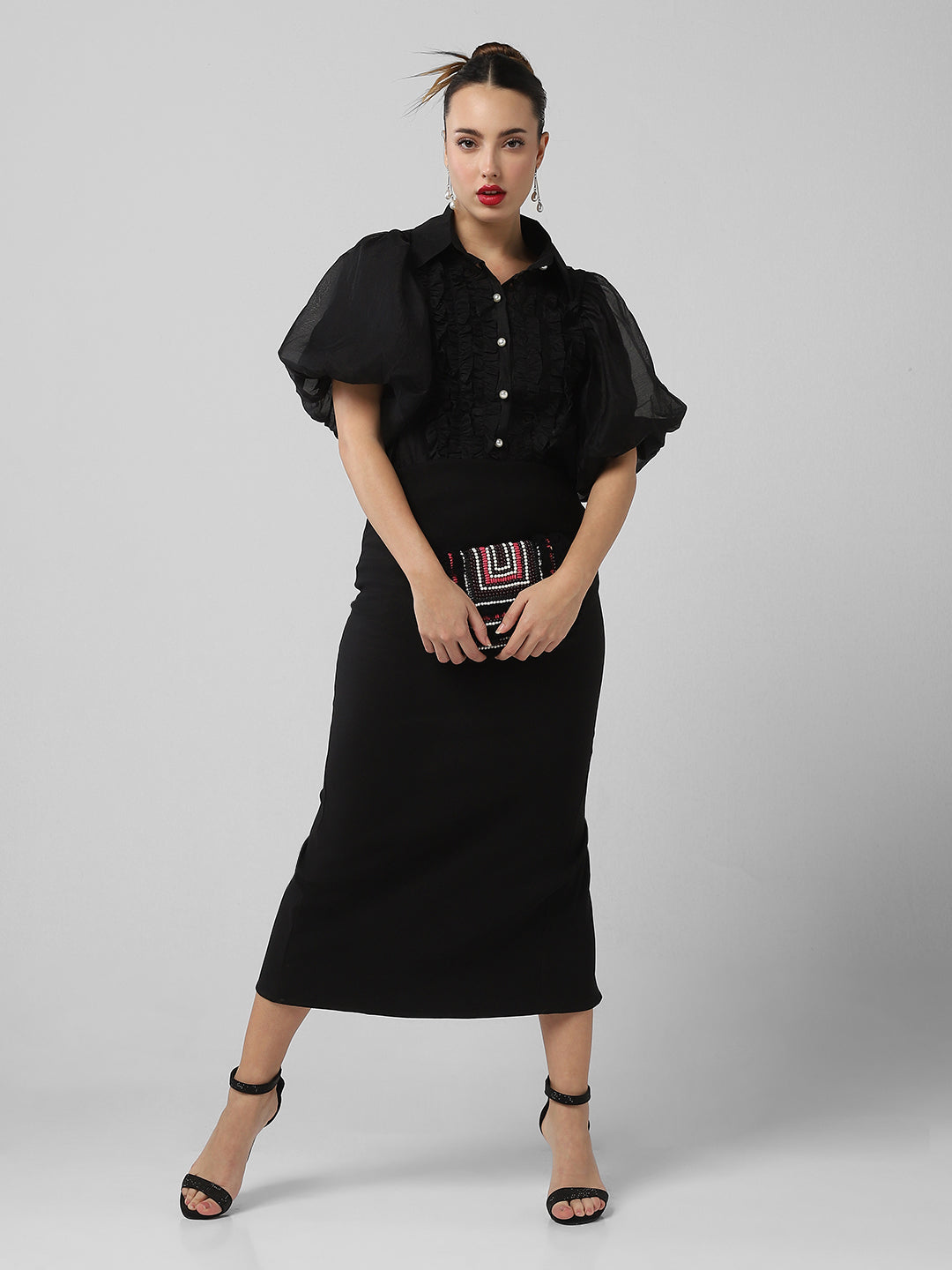 Women Solid Black Shirt with Inner Slip