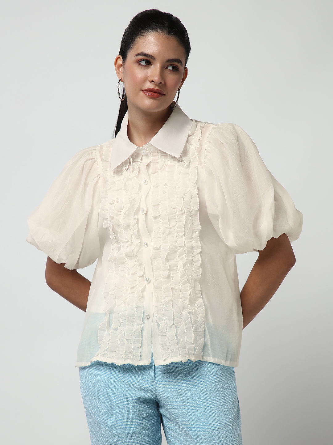Women's Ruffle Cream Puff Sleeve Shirt with Inner Spaghetti