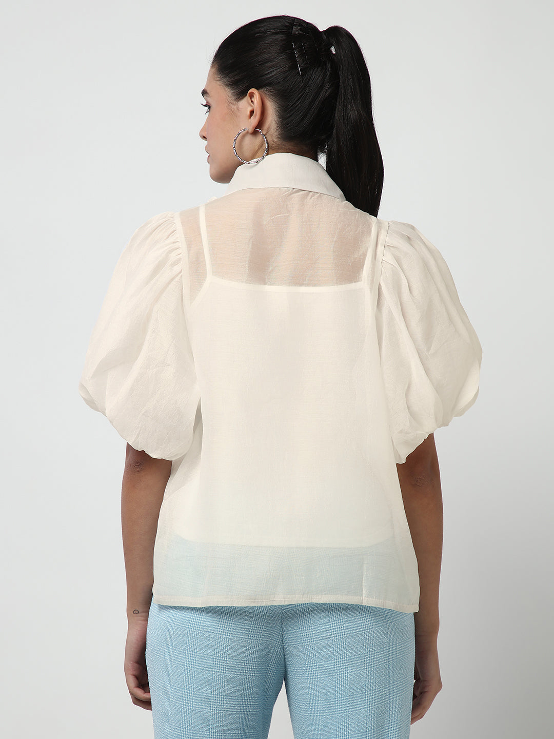 Women's Ruffle Cream Puff Sleeve Shirt with Inner Spaghetti