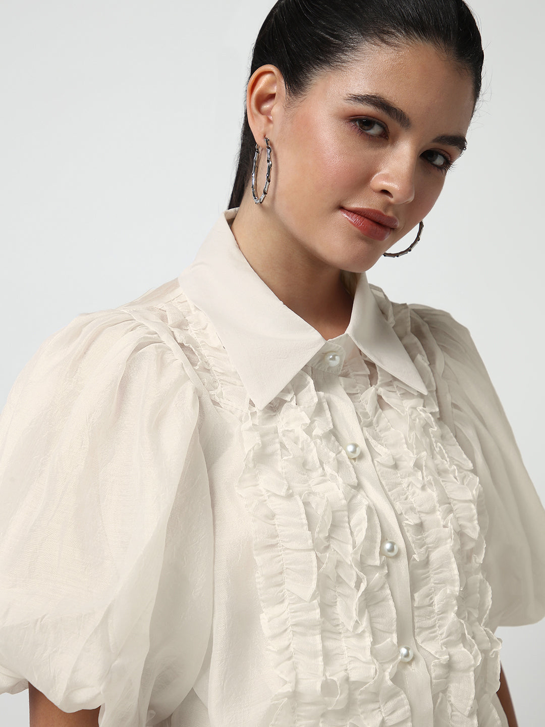 Women's Ruffle Cream Puff Sleeve Shirt with Inner Spaghetti