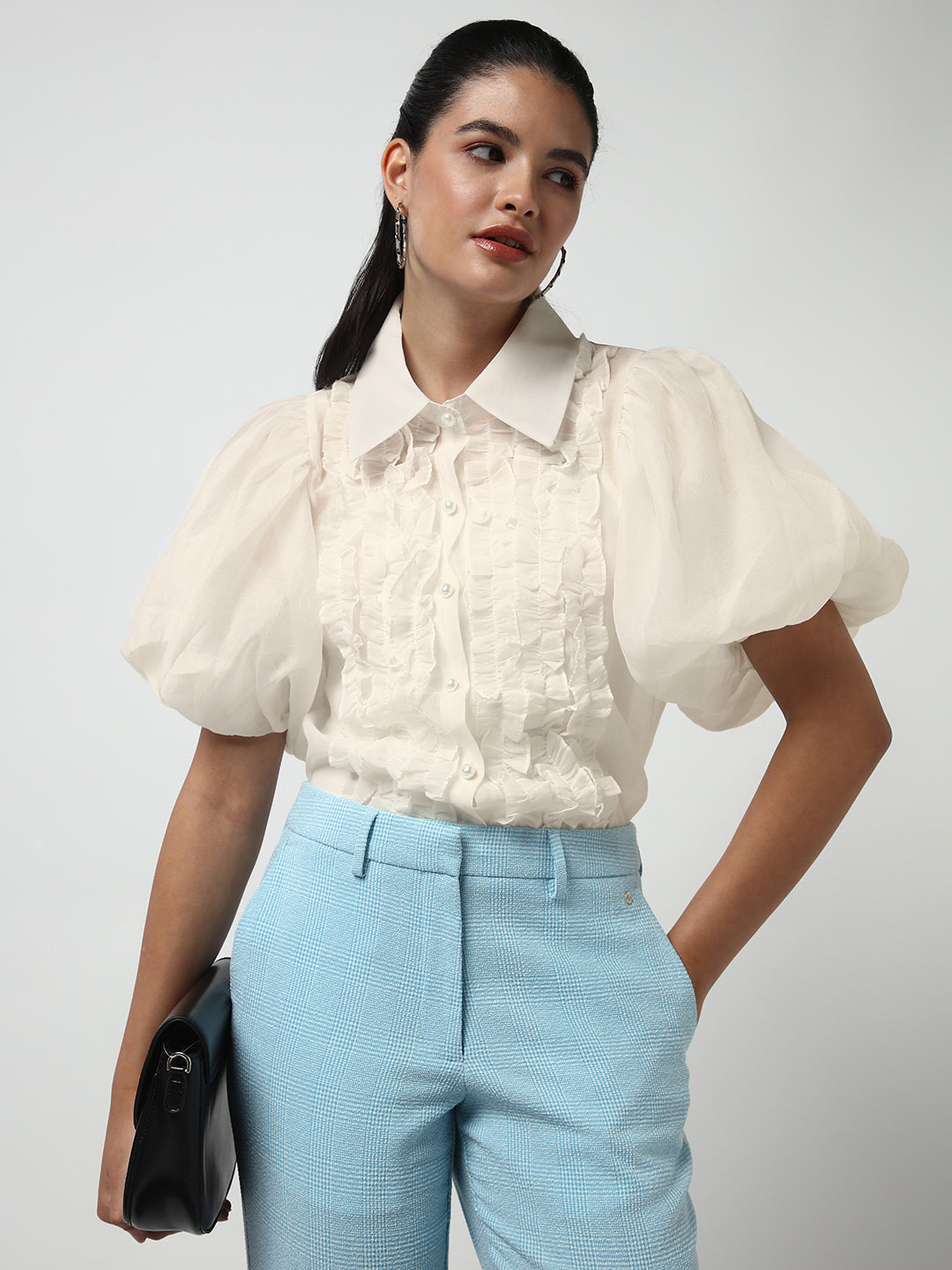 Women's Ruffle Cream Puff Sleeve Shirt with Inner Spaghetti