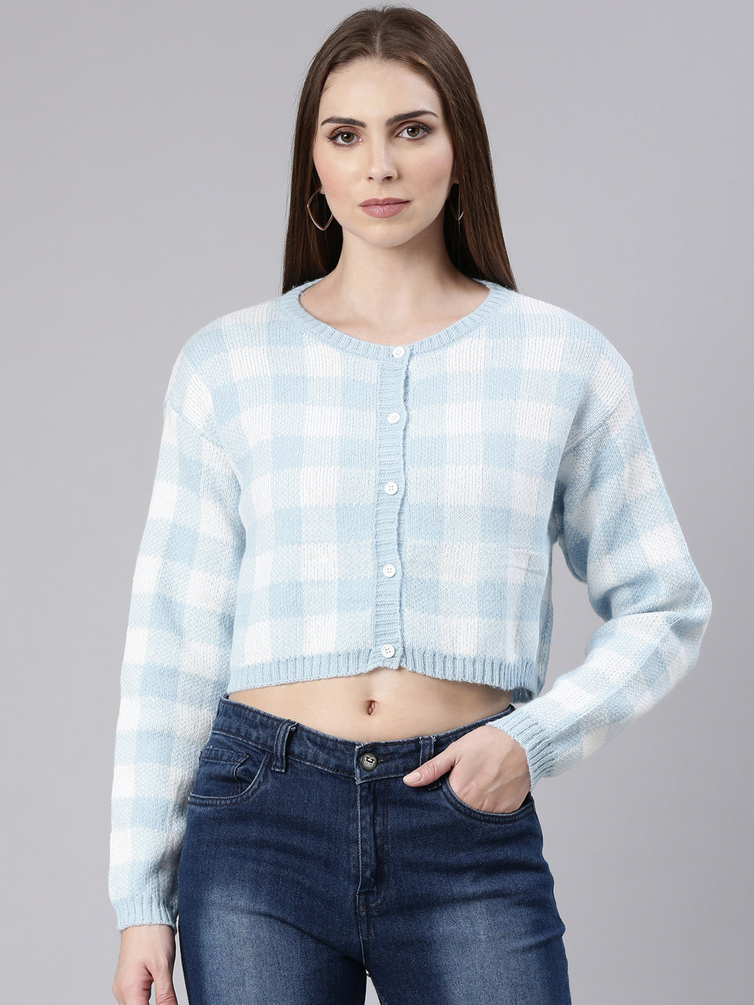 Women Blue Checked Cardigan