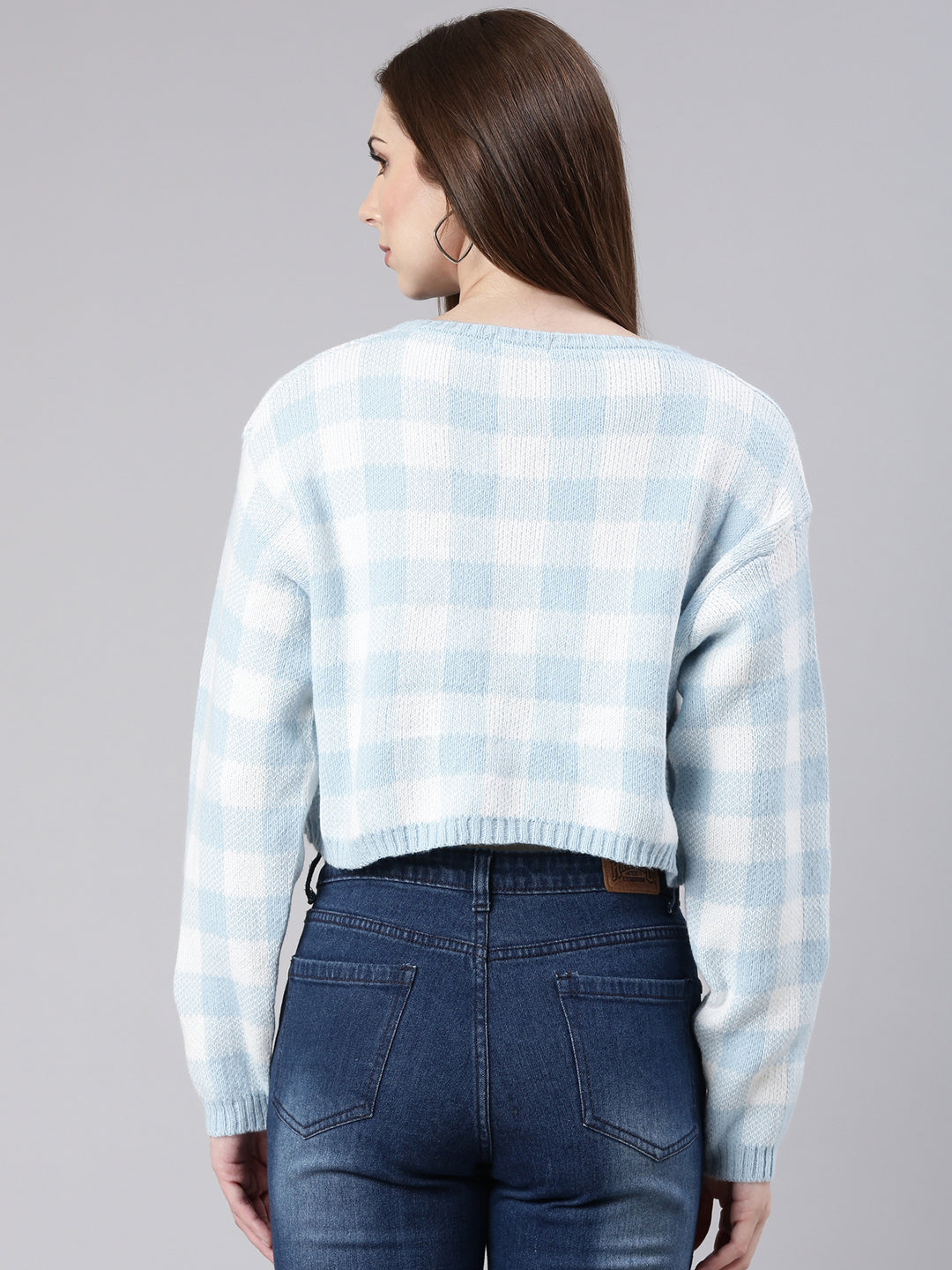 Women Blue Checked Cardigan