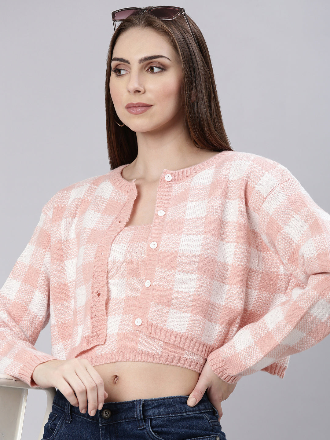 Women Peach Checked Cardigan