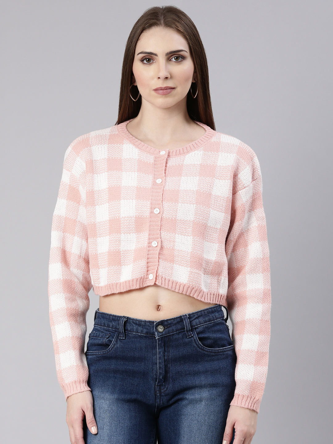 Women Peach Checked Cardigan