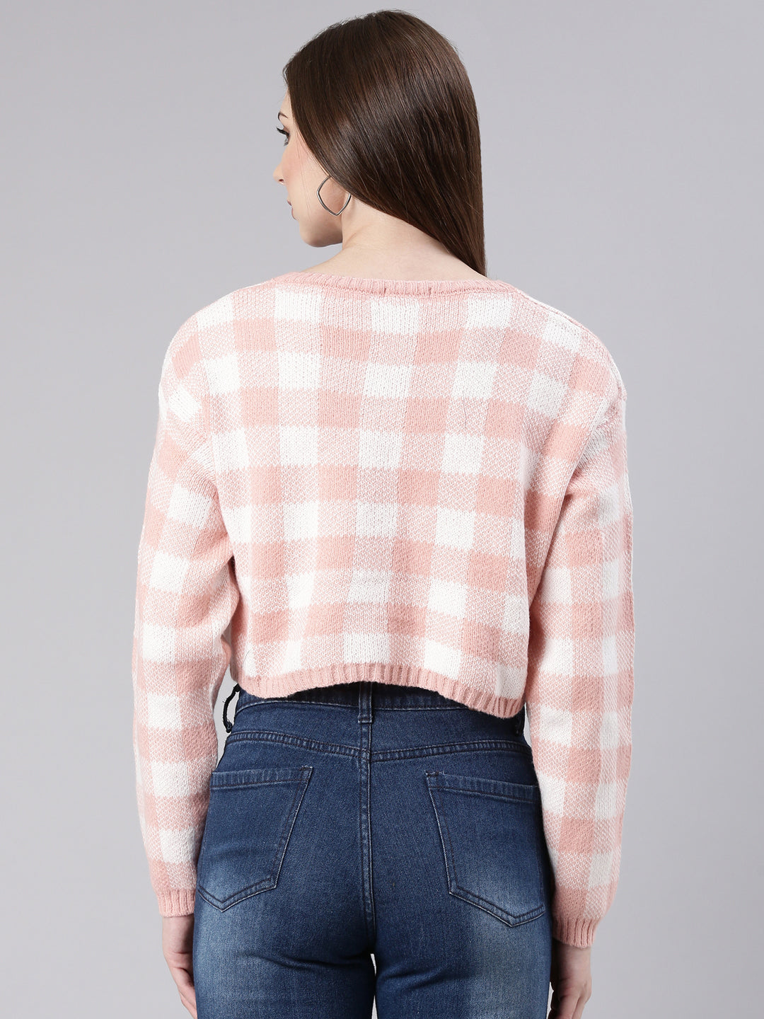 Women Peach Checked Cardigan