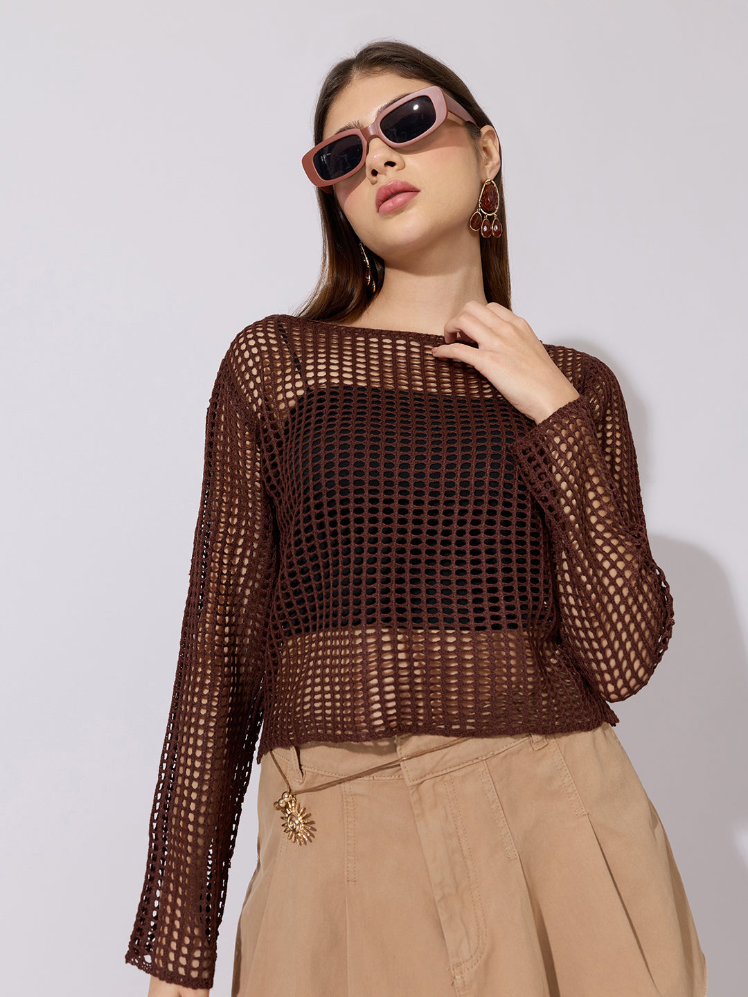 Women's Crochet Brown Full sleeves Top with Inner