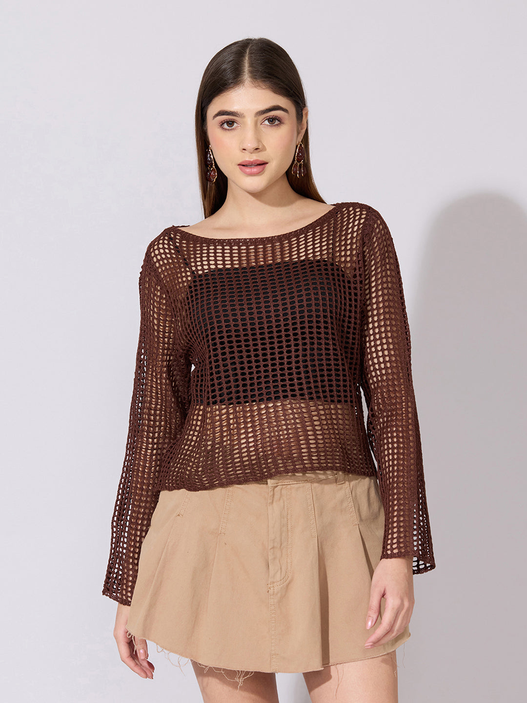 Women's Crochet Brown Full sleeves Top with Inner