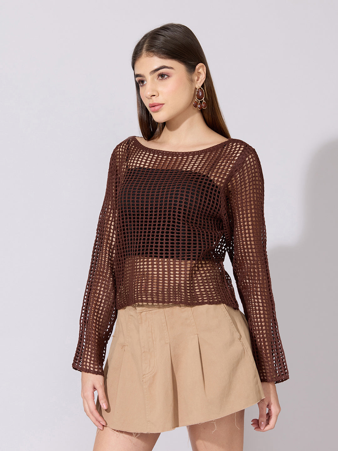 Women's Crochet Brown Full sleeves Top with Inner