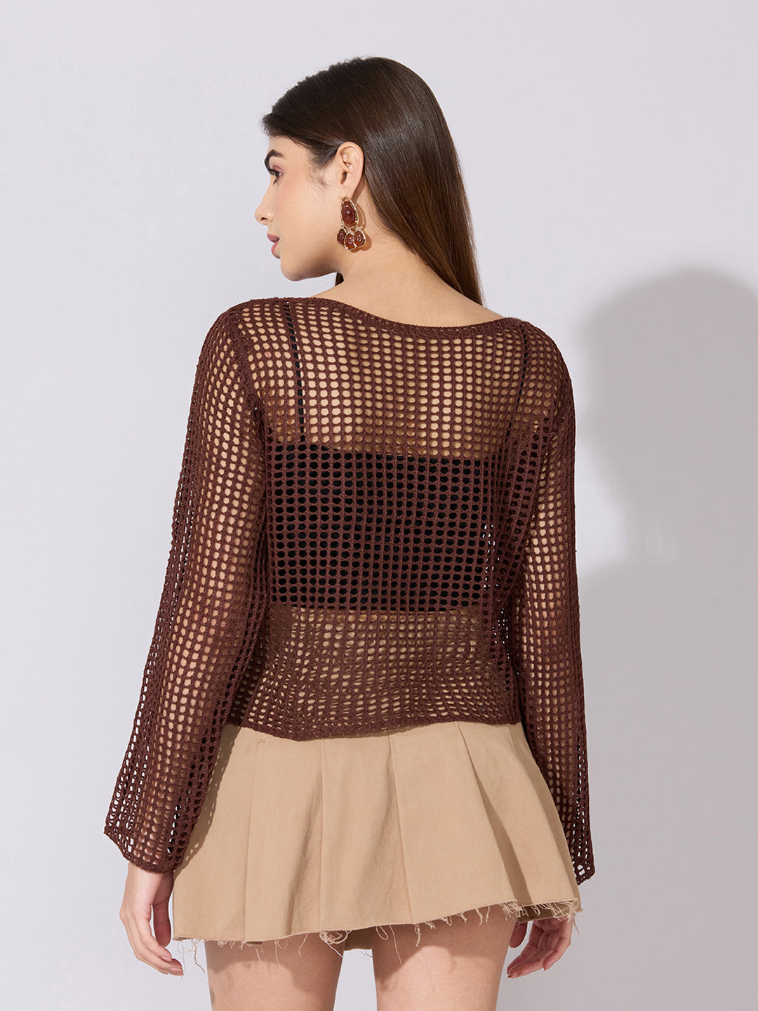 Women's Crochet Brown Full sleeves Top with Inner