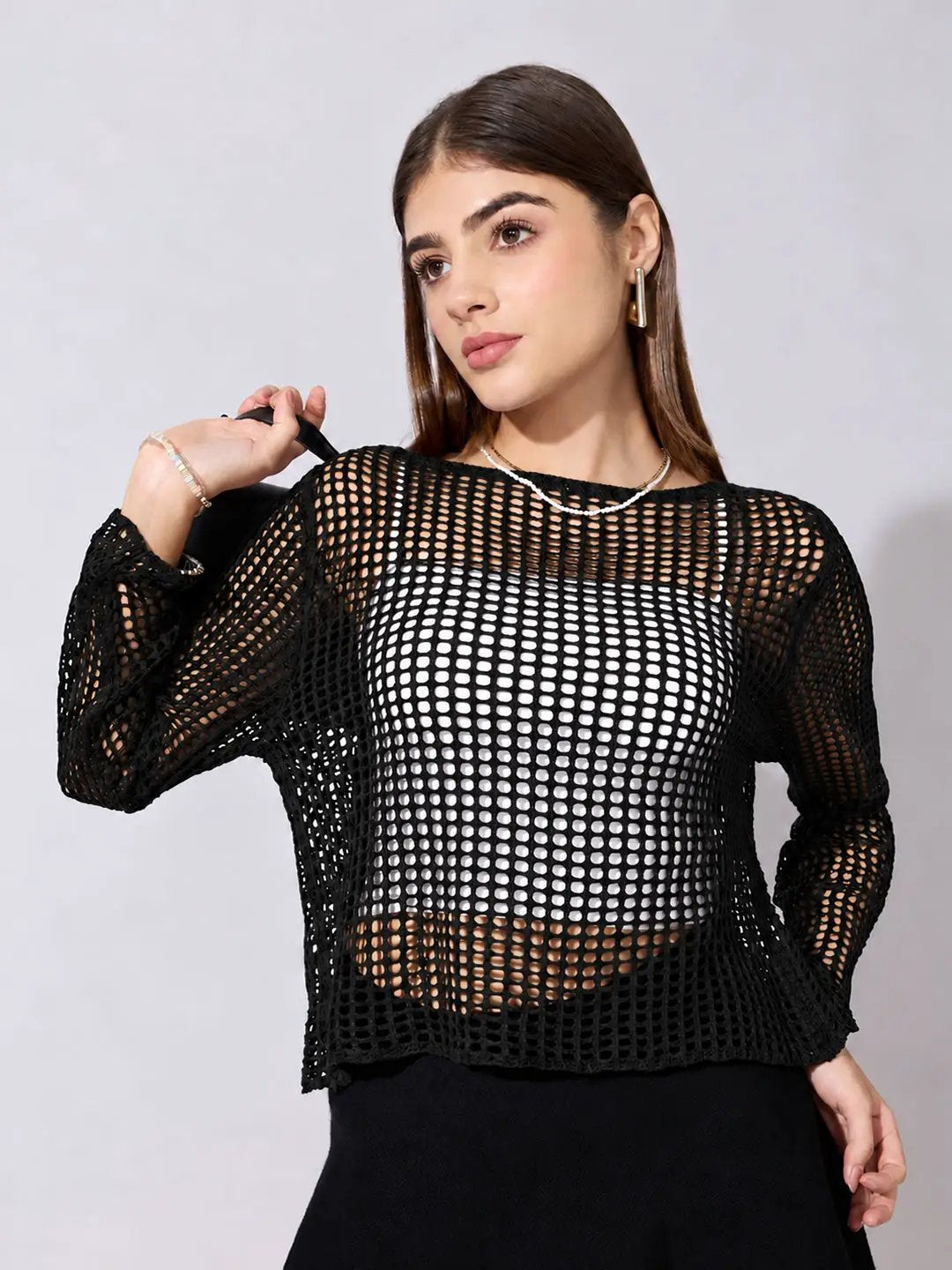 Women's Crochet Black Brown Full sleeves Top with Slip