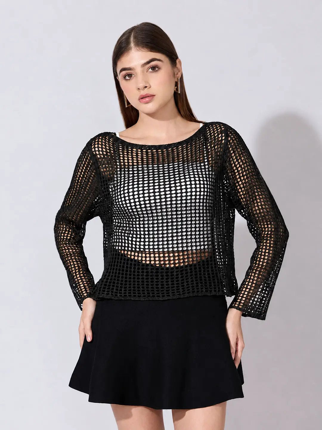Women's Crochet Black Brown Full sleeves Top with Slip