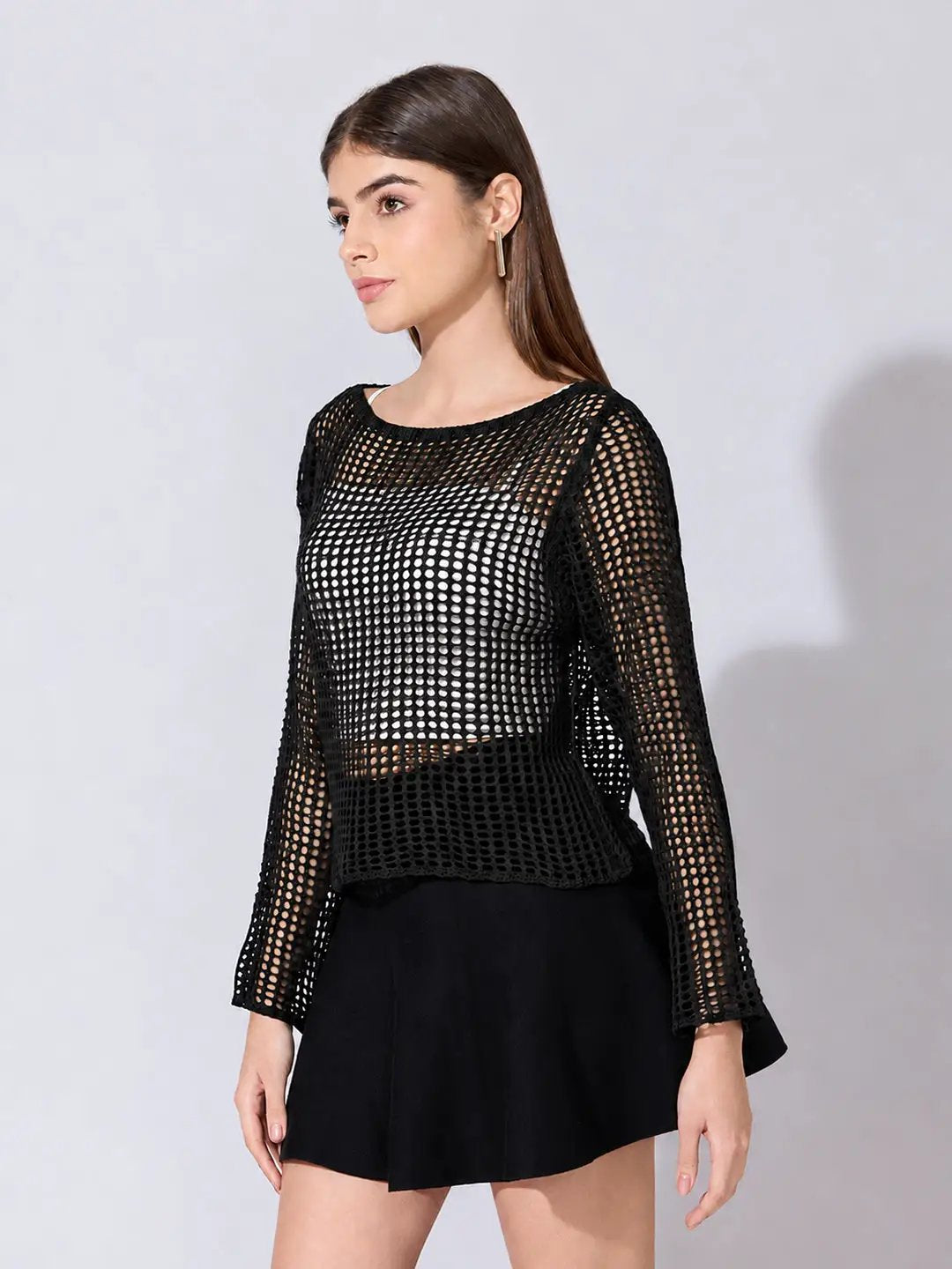 Women's Crochet Black Brown Full sleeves Top with Slip