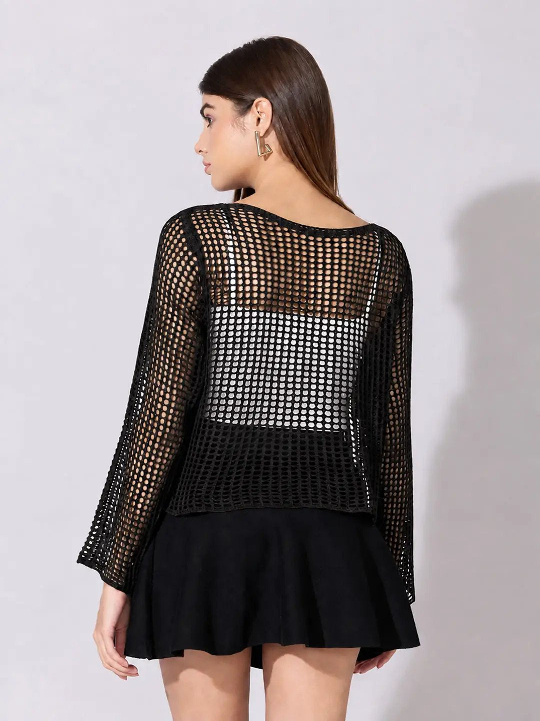 Women's Crochet Black Brown Full sleeves Top with Slip
