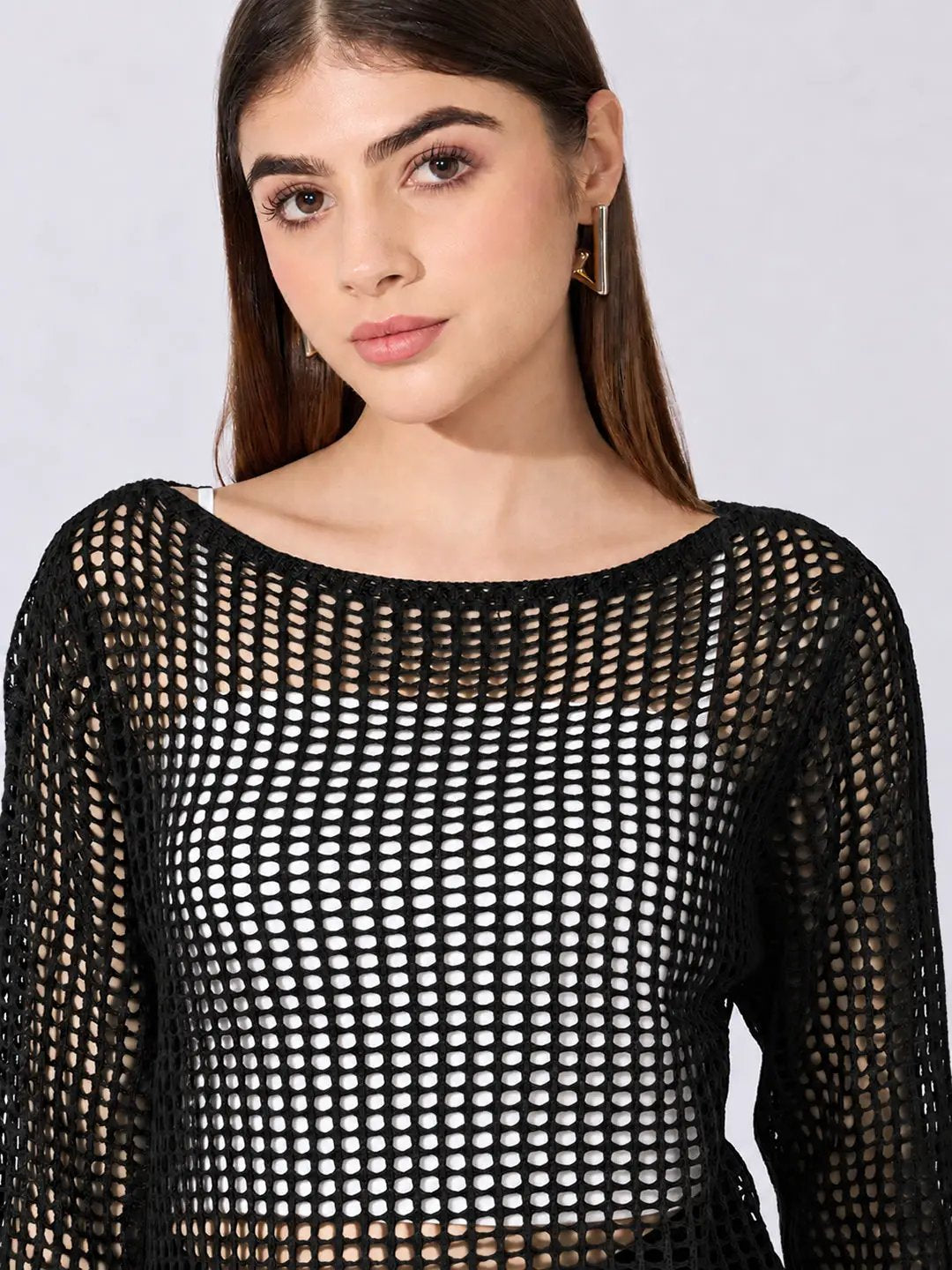 Women's Crochet Black Brown Full sleeves Top with Slip