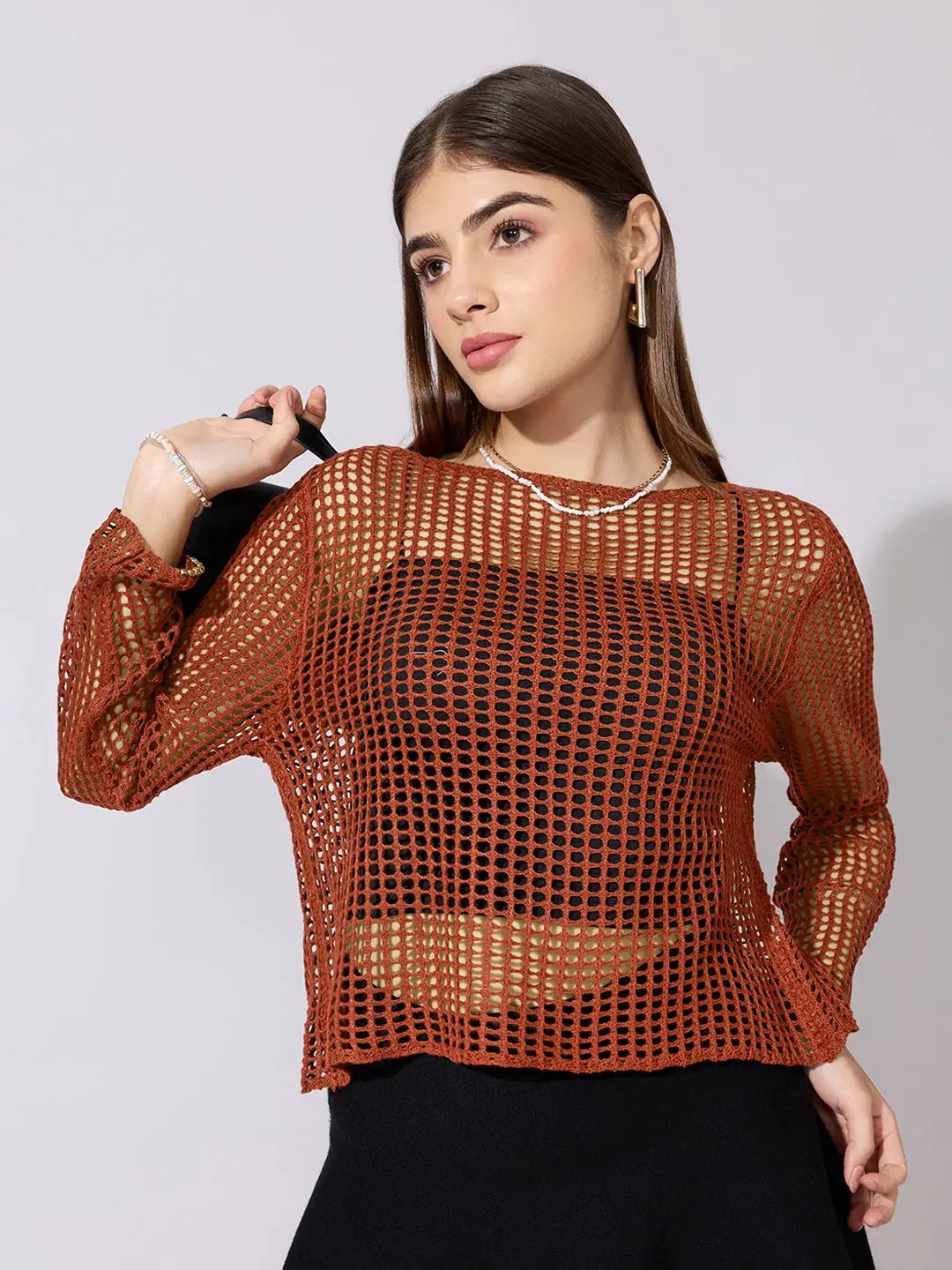Women's Crochet Brown Full sleeves Top with Slip