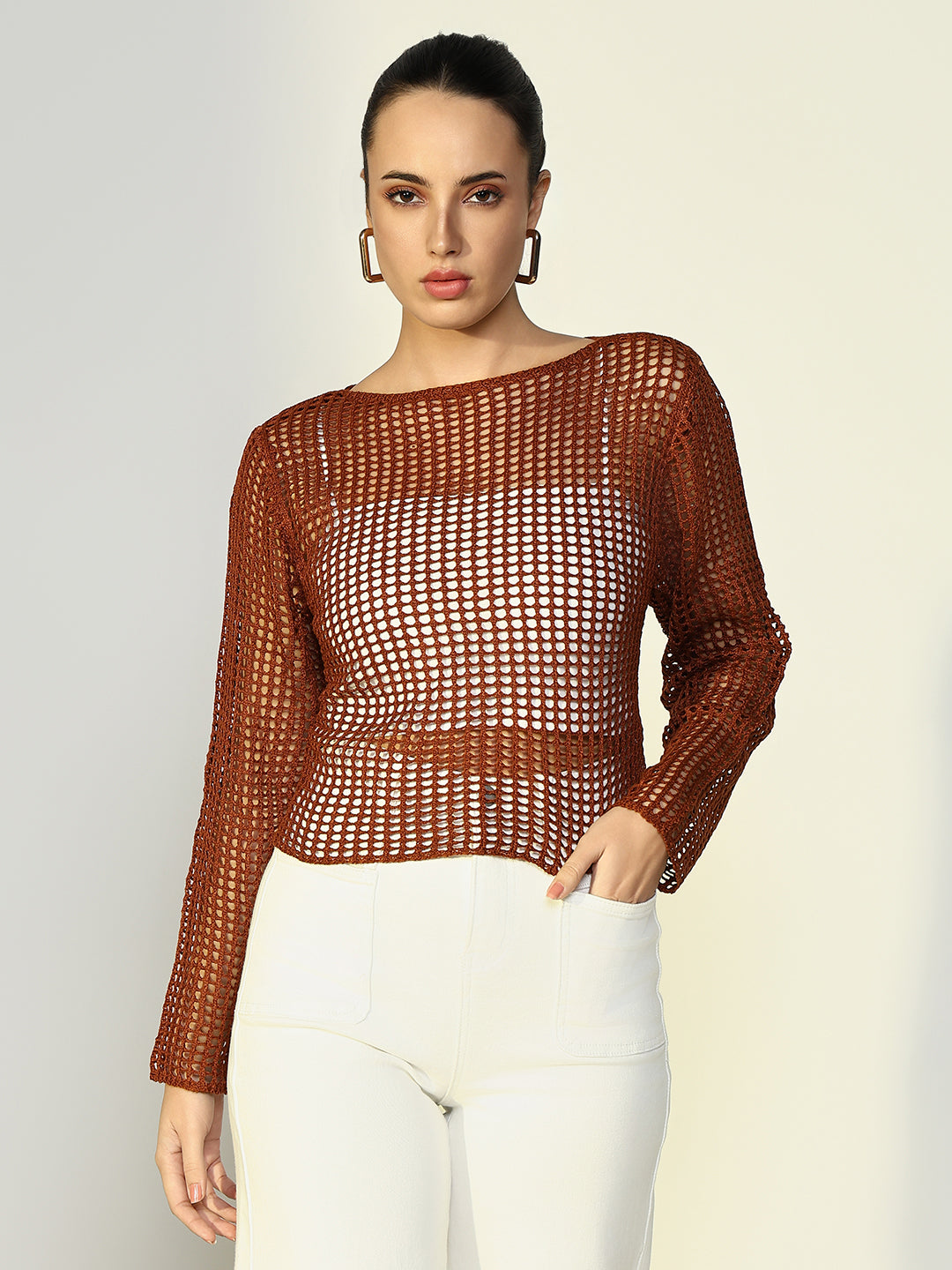 Women Solid Brown Crochet Top with Slip