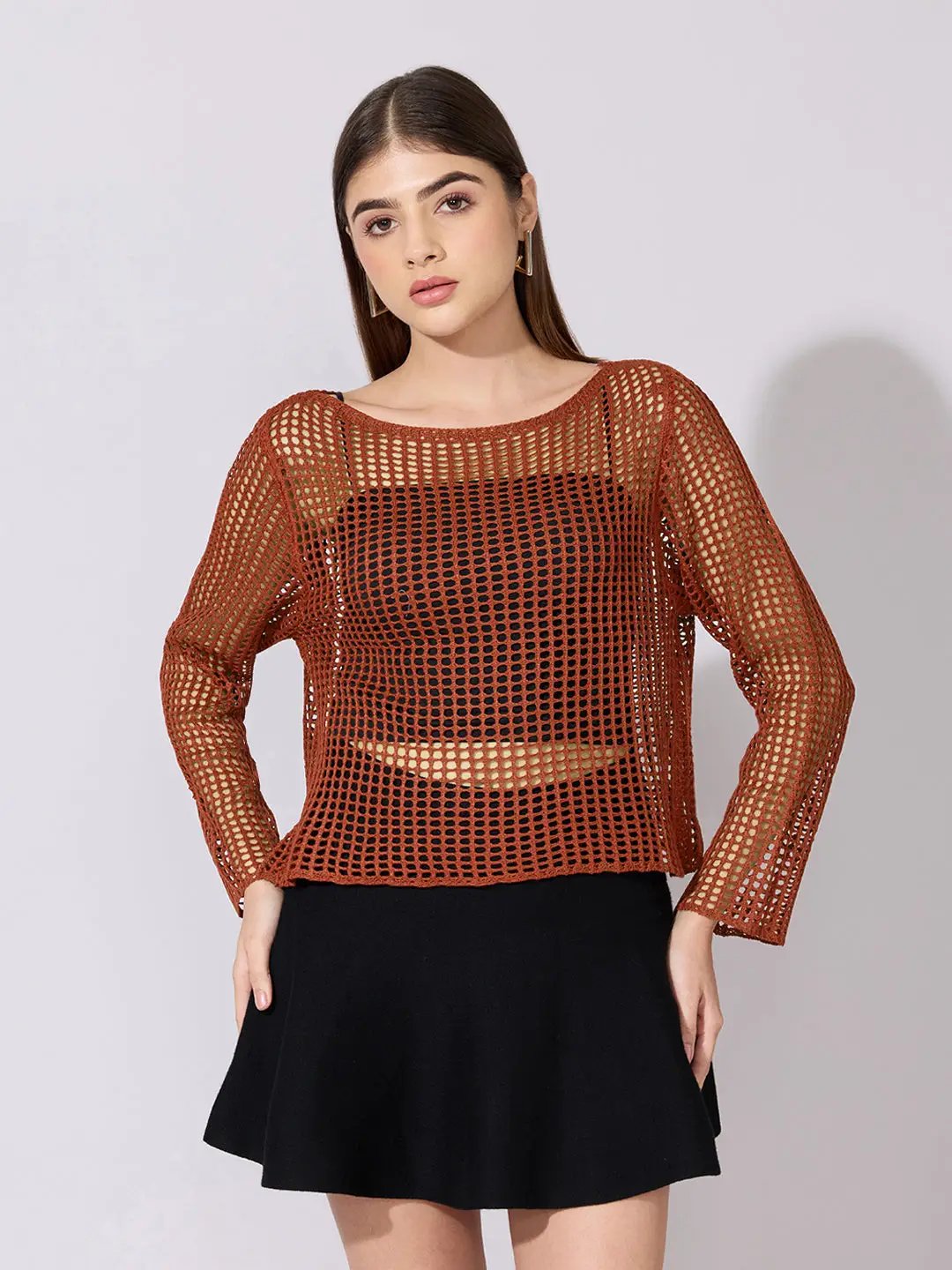 Women's Crochet Brown Full sleeves Top with Slip