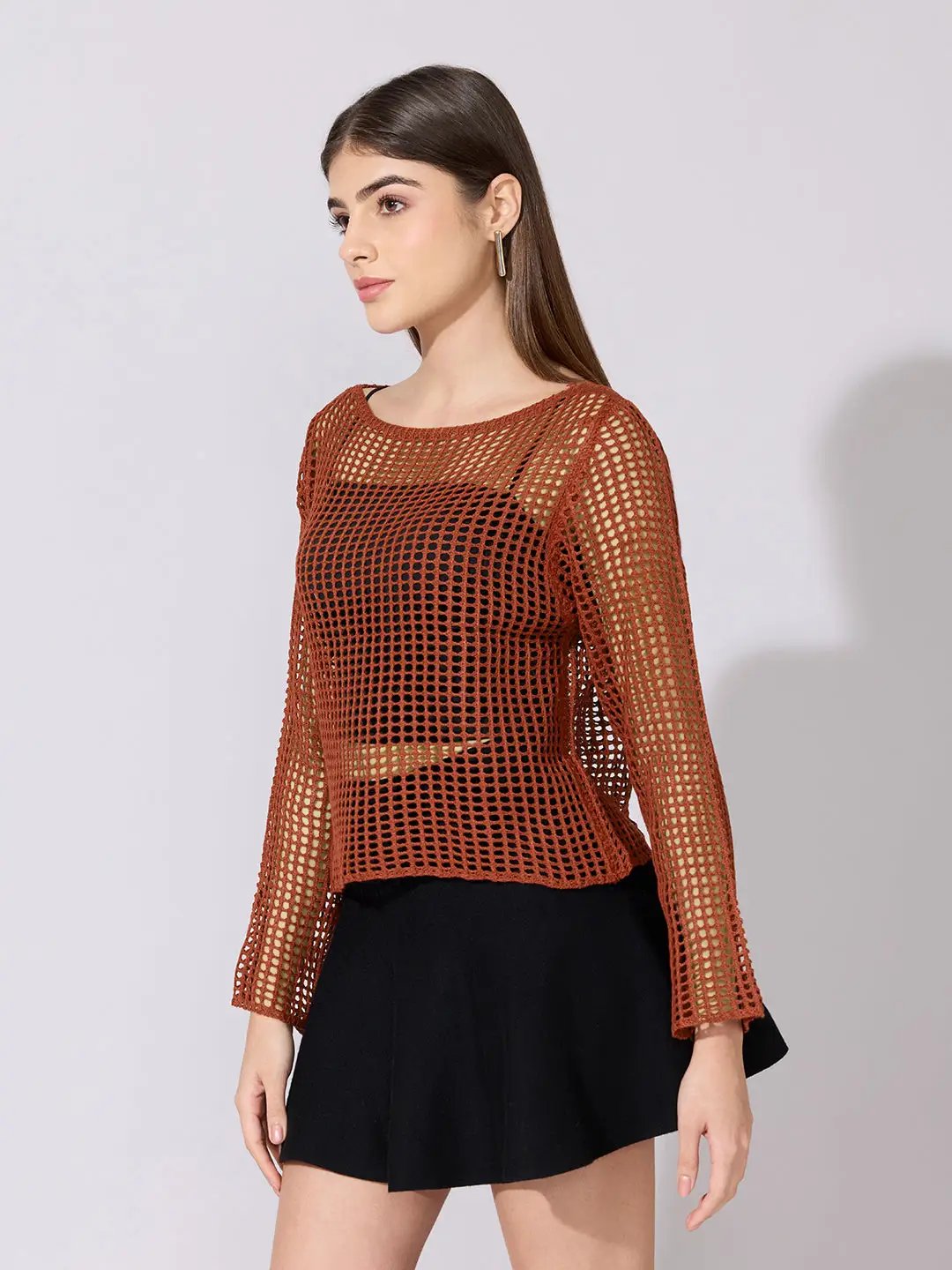 Women's Crochet Brown Full sleeves Top with Slip