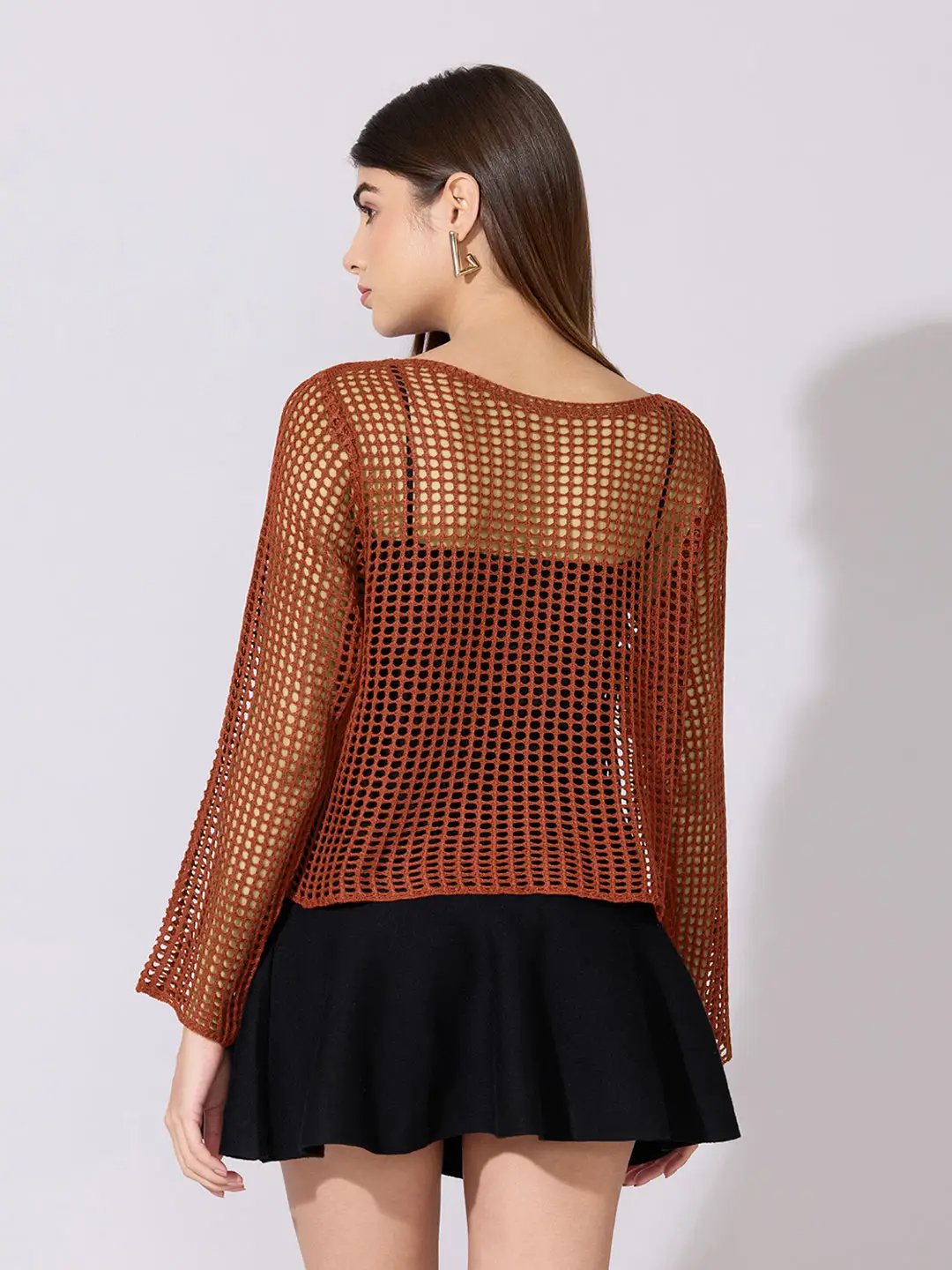 Women's Crochet Brown Full sleeves Top with Slip
