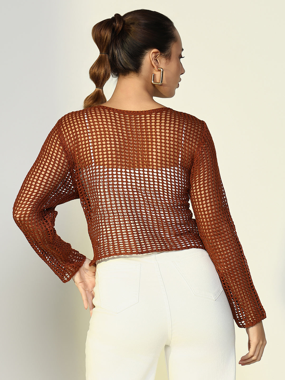 Women Solid Brown Crochet Top with Slip